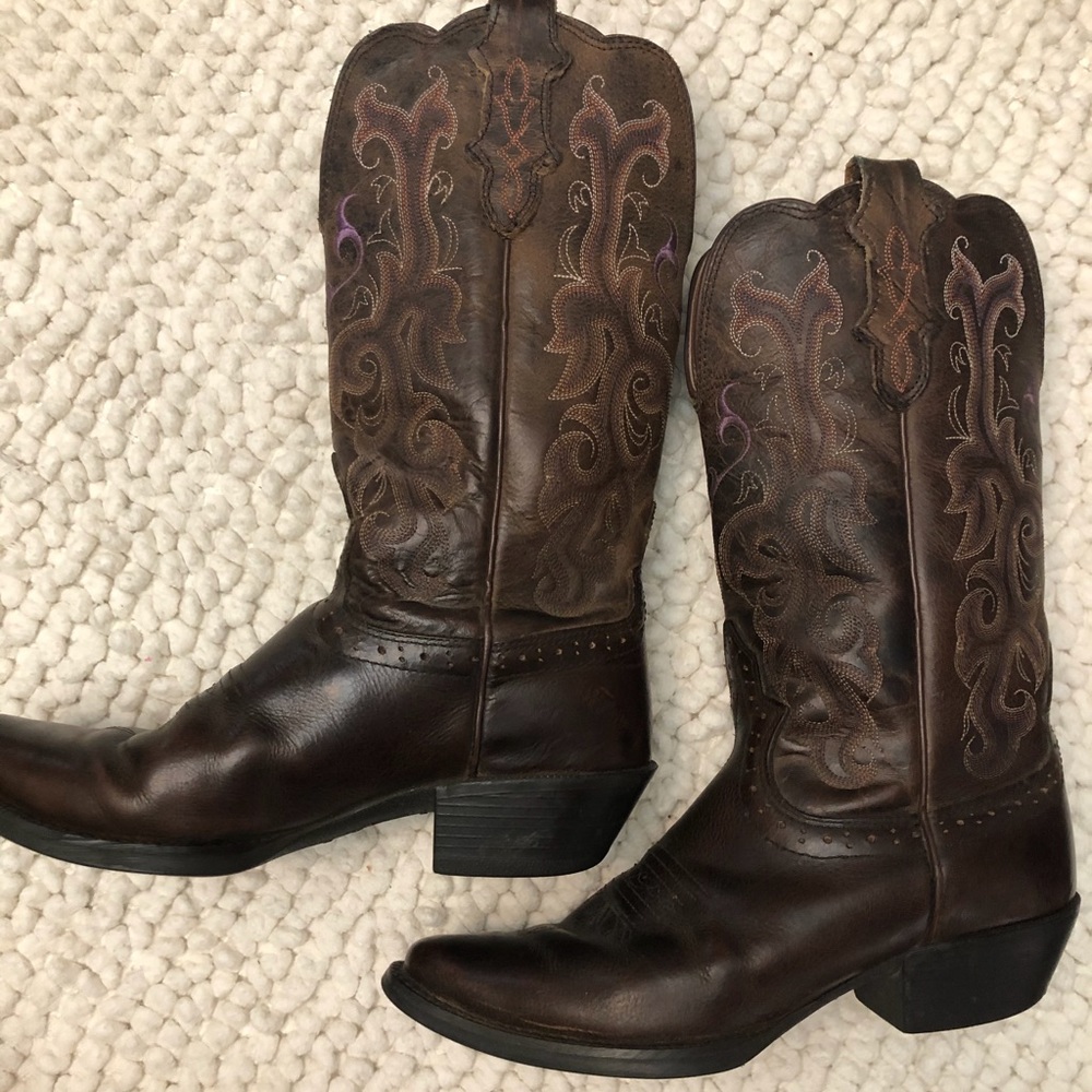 Justin Women”s Stampede Chocolate Puma Western Cowgirl Boots Purple Heart 6.5B - Picture 13 of 15